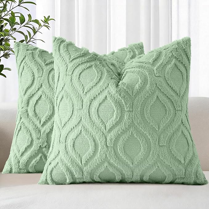 decorUhome Throw Pillow Covers 18x18 Inch Set of 2, Soft Plush Faux Wool Sage Green Solid Couch Pillow Covers, Accent Farmhouse Neutral Square Pillow Cases for Sofa Bed Living Room