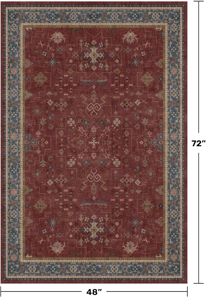 Turkish 4x6 Rug for Living Room Small - Area Rug for Kitchen, Bedside, Foyer Large Entryway Indoor - Washable Stain Resistant Non Slip, Unique Victorian Art Deco, Maroon & Burgundy