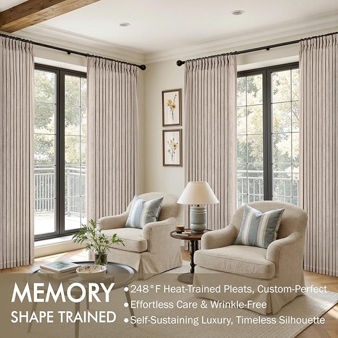 MIULEE Pinch Pleated Thick Linen Curtains 84 Inches Long 2 Panels for Living Room Bedroom, Linen Texture Memory Trained Pleat Drapes Rustic Farmhouse Track System Curtains with Hooks&Rings, Taupe