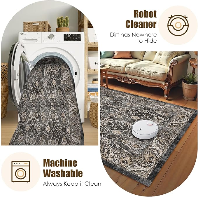 Washable Area Rug 3' x 5 ' Vintage Traditional Persian Mat - Foldable Distressed Non-Slip Machine Washable Carpet for Living Room Bedroom Kitchen Home Decor - Ebony and Taupe