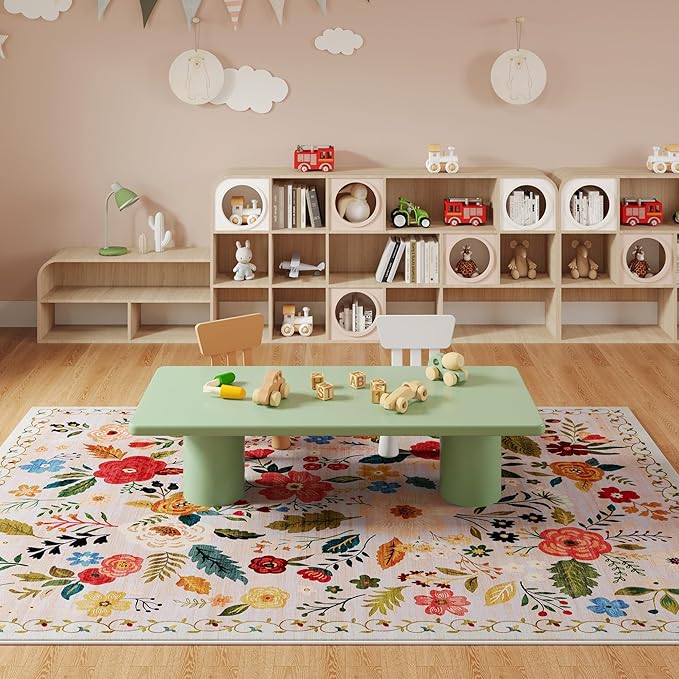Rugcomf Living Room Rug 6x9 Rug Machine Washable Boho Area Rug Non Slip Floral Vintage Low Pile Large Rug for Living Room, Bedroom, Farmhouse, Dining Room, Kids Playroom(Beige)