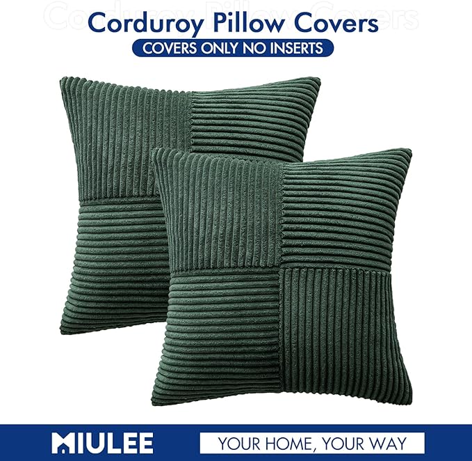 MIULEE Army Green Decorative Throw Pillow Covers 16x16 Inch for Couch Bed Sofa Pack of 2 Boho Farmhouse Throw Pillows Soft Cross Corduroy Patchwork Textured Cushion Cases
