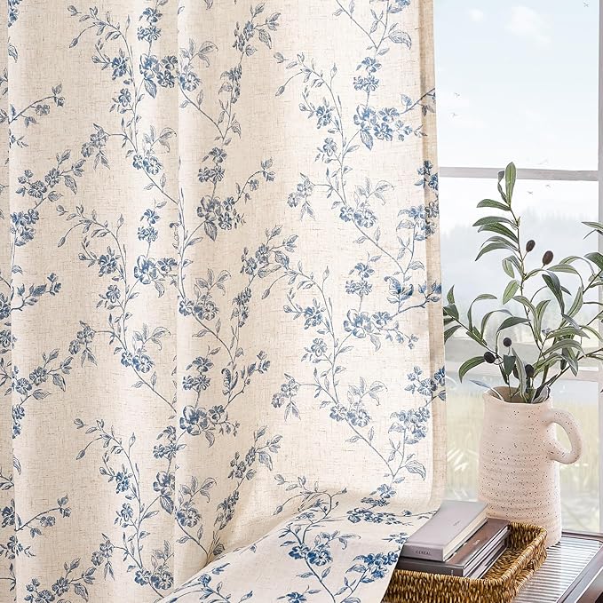Lazzzy Farmhouse Linen Curtains Blue Floral Curtains 96 Inch Long Back Tab Drapes for Living Room Bedroom Light Filtering Country Vintage Rod Pocket Curtain, 2 Panels, Blue on Beige