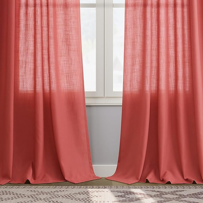 Nanspring Watermelon Red Linen Curtains 102 Inches Long 2 Panels,Back Tab Rod Pocket Semi Sheer Curtain Light Filtering Boho Extra Long Drapes Neutral Farmhouse Decor for High Window 52x102