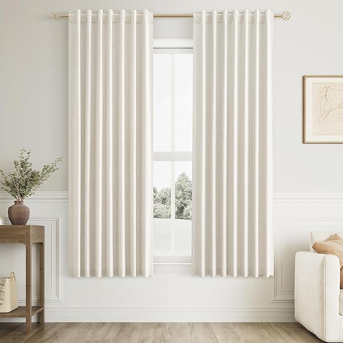 Guken Cream 100% Blackout Linen Curtains 40 Inch Wide by 63 Inch for Living Room Bedroom Back Tab/Rod Pocket Thermal Insulated Black Out Drapes Room Darkening Farmhouse Window Curtains,40x63