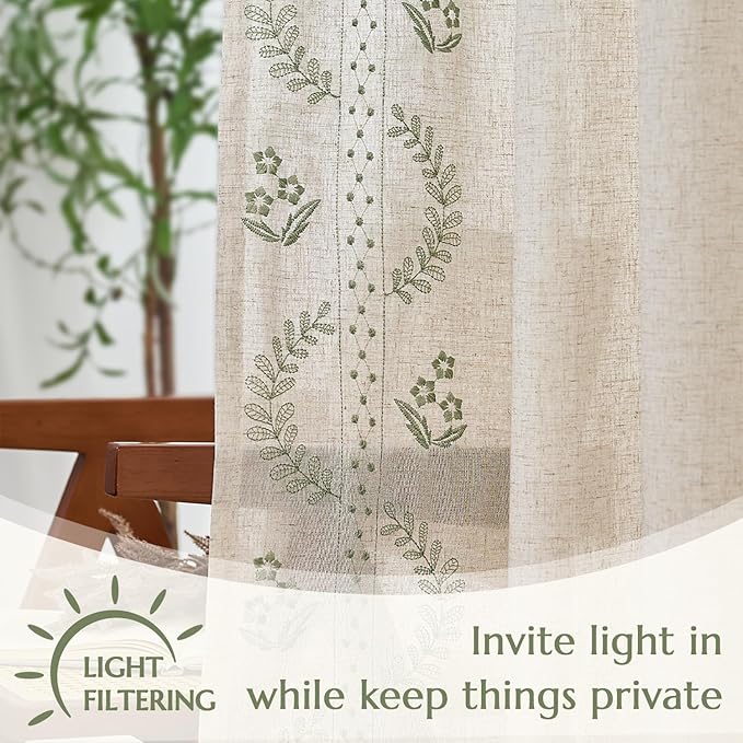 jinchan Belrose Linen Curtains for Bedroom Floral Curtains 90 Inch Length Linen Blend Sage Green Embroidered Drapes Farmhouse Flower Patterned Drapes for Living Room Window Treatments Set 2 Panels