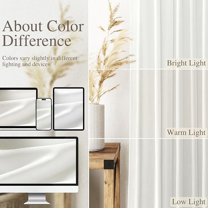 Linen Light Filtering Curtains 96 Inches Long 2 Panels Long Ivory Semi Sheer Linen Blended Window Curtains Back Tab Pocket Natural Off White Rustic Farmhouse Drapes for Living Room Bedroom 52X96