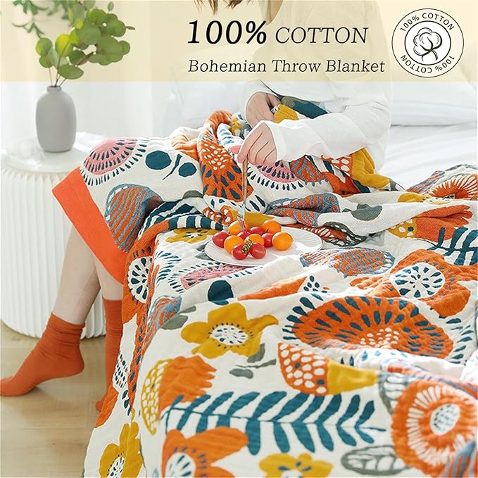 Throw Blanket Queen Size Fall Blanket for Couch Bed 80''x90'',100% Cotton Woven Muslin Blankets Travel Soft Warm Mexican Blankets Boho Quilt Home Decor for Women