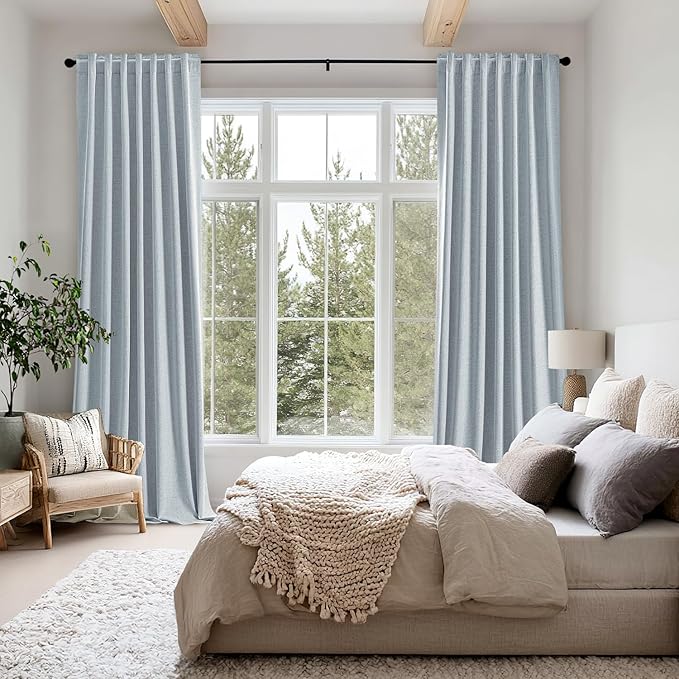 MIULEE 100% Blackout Linen Curtains for Bedroom, Chambray Blue Solid Luxury Decor Thermal Insulation Room Darkening Drapes for Living Room Nursery Back Tab Rod Pocket 42 x 84 Inches, 2 Panels