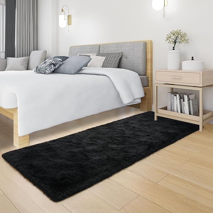 Tepook Soft Runner Rugs for Bedroom 2x6 ft with Rubber Backing, Black Fluffy Rugs for Living Room, Shag Bedside Rug Fuzzy Plush Carpet for Room, Area Rug for Dorm Nursery Hallway Indoor Home Decor