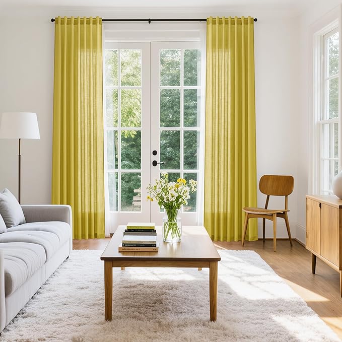Celery Yellow Linen Curtains 102 Inches Long 2 Panel Set Back Tab Rod Pocket Semi Sheer High Window Drapes Light Filtering Burlap Look for Neutral Farmhouse Decor Curtain in Living Room 52x102