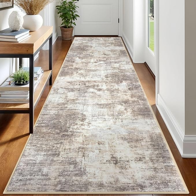 IOHOUZE Abstract Runner Rug 3x12 Ft Washable Runners for Hallways, Non Slip Kitchen Runner Printed Faux Wool Entryway Runner Indoor, Modern Abstract Floor Carpet for Hall Kitchen, Beige Brown