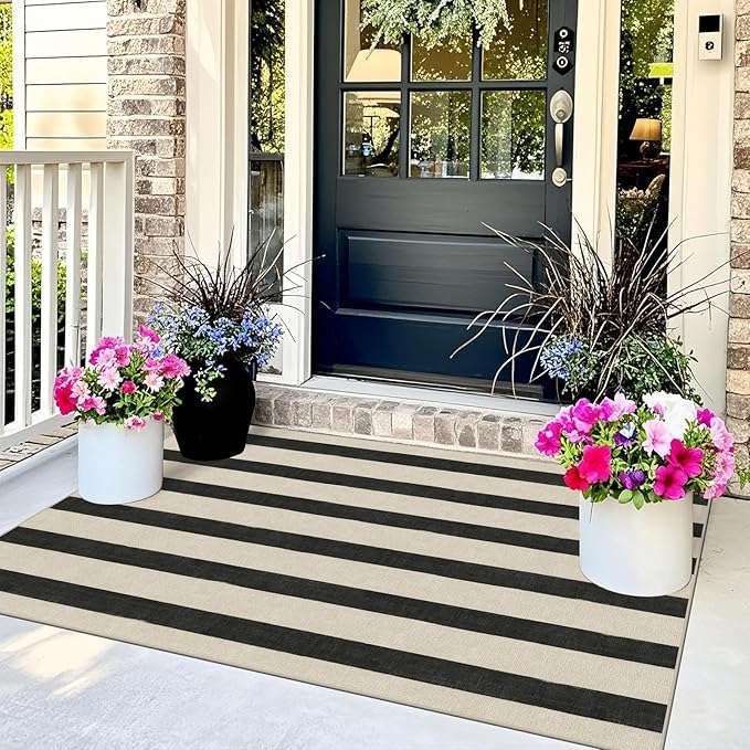 Black and White Striped Entry Rug - 3x5 Ft Washable Indoor Outdoor Front Door Mat Outside Entrance Front Porch Mat Non-Slip Floor Carpet for Bedroom Entryway Kitchen Office Porch Decor