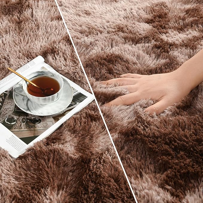 Deerhoo Large Shag Area Rugs 5 x 8, Tie-Dyed Plush Fuzzy Rugs for Living Room, Ultra Soft Fluffy Furry Rug for Bedroom, Indoor Carpet Nursery Rugs for Kids Room Home Decor, Coffee