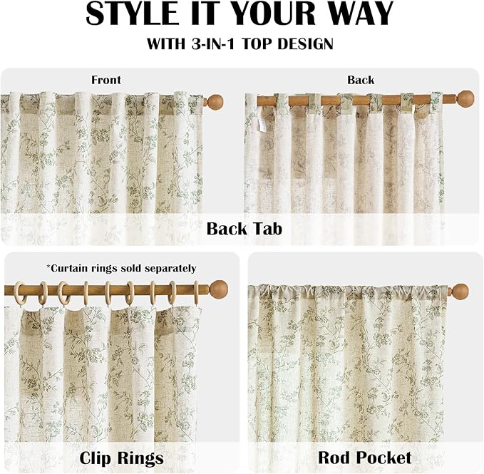 Lazzzy Linen Farmhouse Curtains Green Floral Curtains 63 Inch Length Back Tab Drapes for Living Room Bedroom Light Filtering Country Vintage Rod Pocket Curtain, 2 Panels, Green on Beige