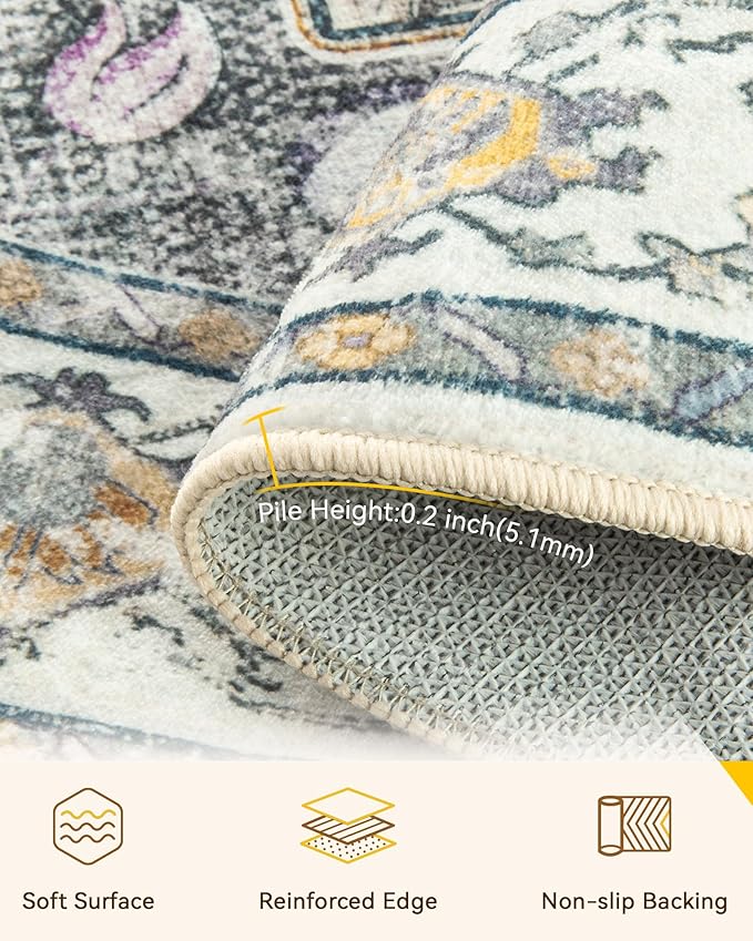Area Rugs 7ft Washable Non-Slip, Floral Vintage Distress Print Pattern Medallion Carpet for Living Room Bedroom Dining Room, Light Yellow Carbon Grey Orange