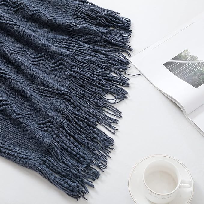 BOURINA Navy Throw Blanket 50x60 Inches Throw Textured Solid Soft Sofa Throw Couch Cover Knitted Decorative Blanket