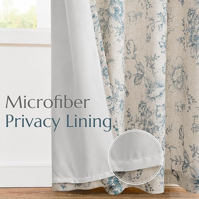 jinchan Lined Linen Blend Curtain Floral Curtains for Living Room 63 Inch Length Blue Peony Flower Printed Curtain Rod Pocket Back Tab Farmhouse Patterned Drapes Bedroom Window Curtains Set 2 Panels