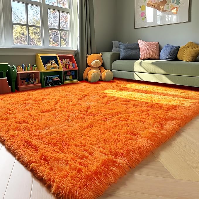 ONASAR Orange Area Rugs for Bedroom Living Room, Fluffy 4x6 Indoor Bedside Floor Throw Rug, Soft Plush Shaggy Carpet for Nursery Kids Girls Boys Teen Dorm Home Office Decor Aesthetic
