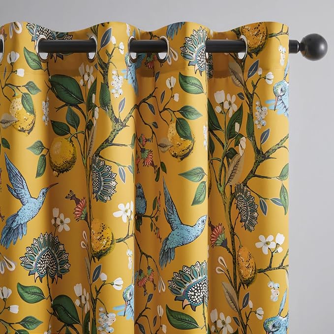 Extra Long 108 Inches Curtains for Large Window Luxury Mustard Yellow Floor To Ceiling Blackout Vintage Floral Hummingbird Fancy Grommet Drop Cloth Damask Drape for Living Room Dining 2 Pages 9FT