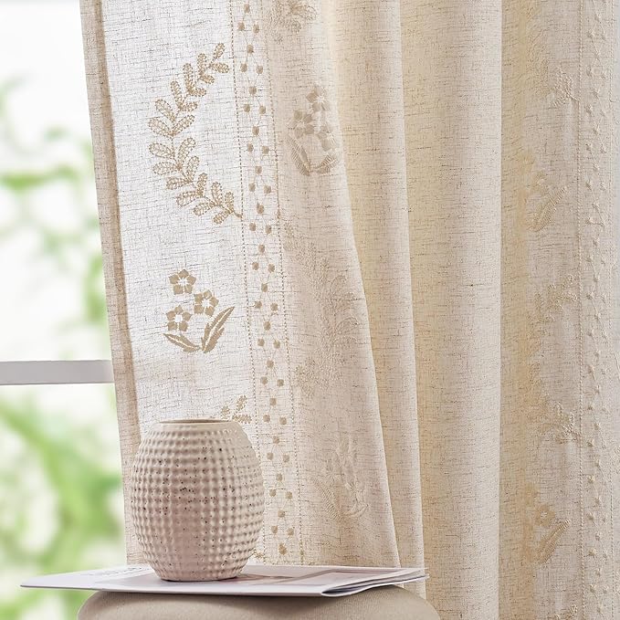jinchan Belrose 4 Panel Curtains Set 90 Inch Length Floral Curtains Linen Blend Ivory Embroidered Drapes Farmhouse Flower Patterned Drapes for Living Room Bedroom Window Treatments Set of 4