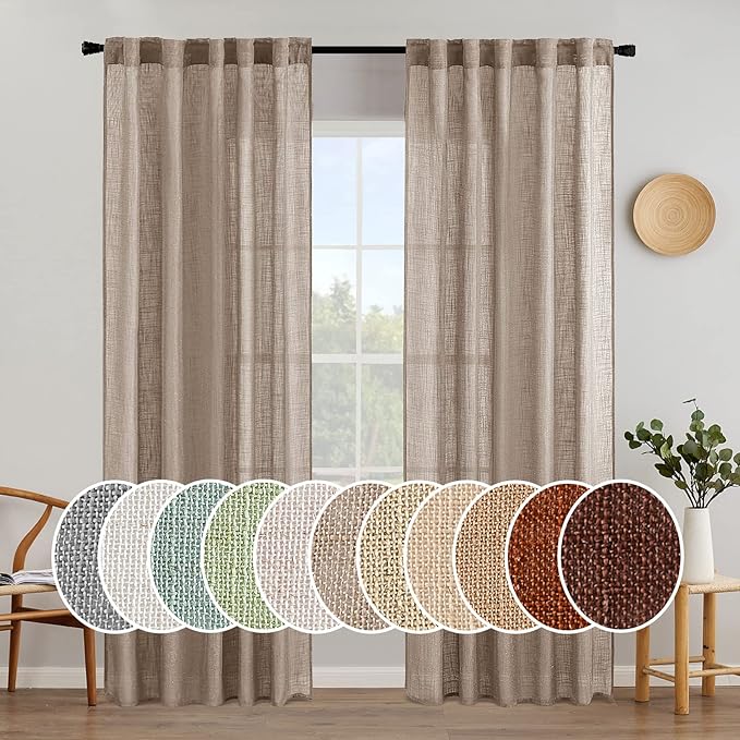 MIULEE Taupe Linen Curtains 84 Inch Length for Bedroom Living Room, Soft Thick Linen Textured Window Drapes Semi Sheer Light Filtering Rod Pocket Back Tab Burlap Look, 2 Panels, 37x84 Inches
