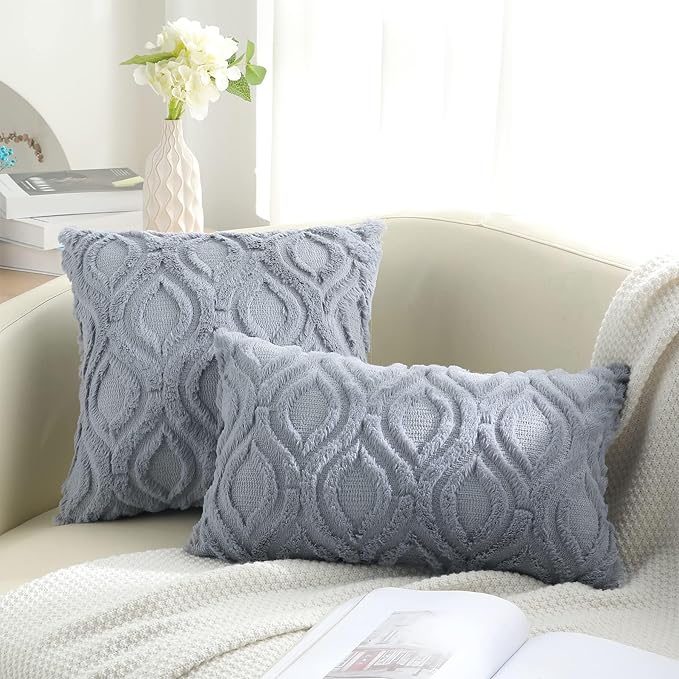decorUhome Throw Pillow Covers 24x24 Inch Set of 2, Soft Plush Faux Wool Blue Grey Solid Couch Pillow Covers, Accent Euro Sham Farmhouse Neutral Square Pillow Cases for Sofa Bed Living Room