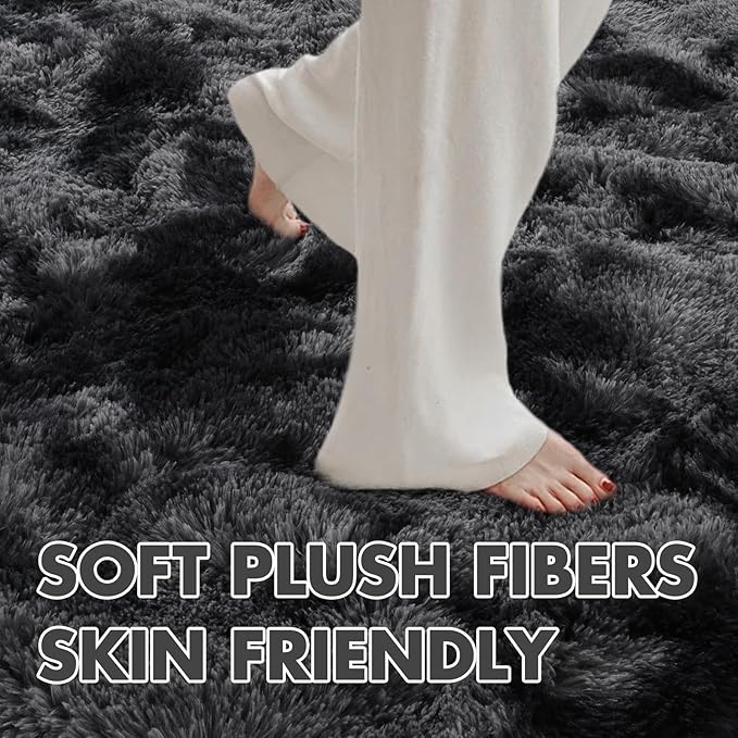 9x12 Ft Extra Large Shag Rugs for Living Room, Tie Dyed Ultra Soft Fluffy Furry Area Rugs for Bedroom Indoor Floor, Aesthetic Carpet for Kids Home Decor (Dark Grey)