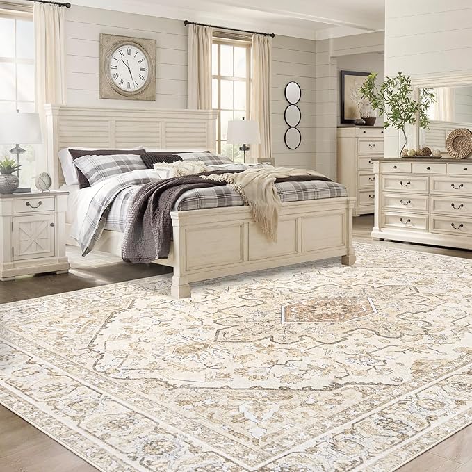 Area Rugs 9x12 Vintage Rug: Large Washable Living Room Rug Retro Medallion Distressed Soft Low Pile Non-Slip Indoor Floor Carpet for Bedroom Dining Table Office (BeigeBrown,9'x12')