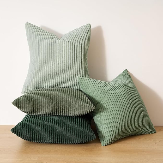 Topfinel Light Green Decorative Throw Pillow Covers Green Series,Winter Fluffy Corduroy Striped Euro Pillows Shams for Couch Bed Bedroom,Western Modern Hunter Green Pillowcase 20x20 Inch Set of 4