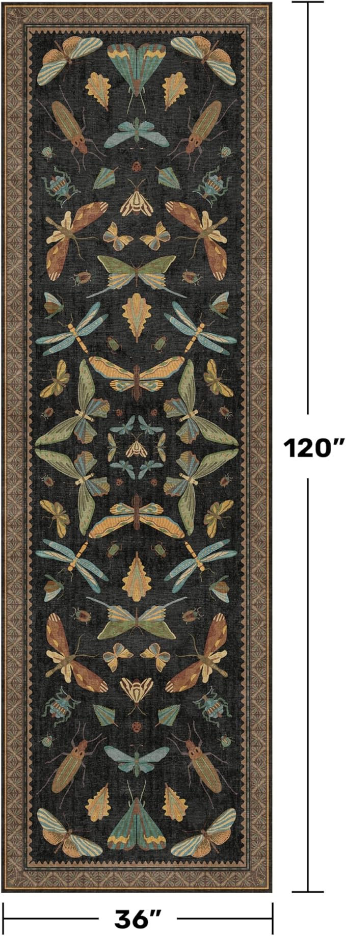 Green and Black 3x10 Wide Washable Runner Rugs for Hallway, Boho Insect Design Long Runner Rug for Kitchen Non Slip, Large Entryway Mats, Low Pile & Soft Stain Resistant Carpet