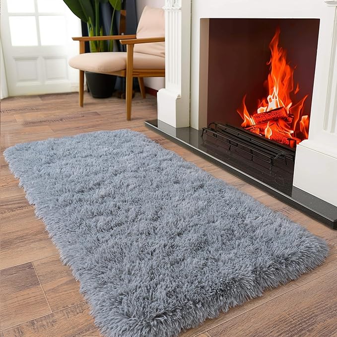 Soft Runner Rugs for Bedroom Hallways, 2 Packs 2x4 Grey Fluffy Shag Throw Area Rug Non Slip for Bedside Dorm, Long Shaggy Furry Carpet for Nursery Living Room