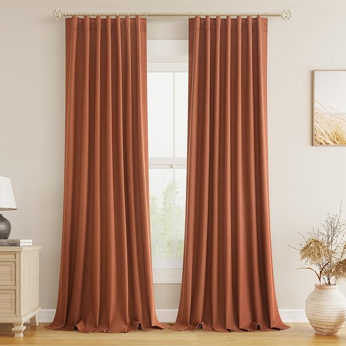 Guken Terracotta 100% Blackout Curtains 120 Inch Length 2 Panels Set Fall Curtains for Living Room Bedroom Back Tab Thermal Insulated 100% Black Out Linen Drapes，52x120