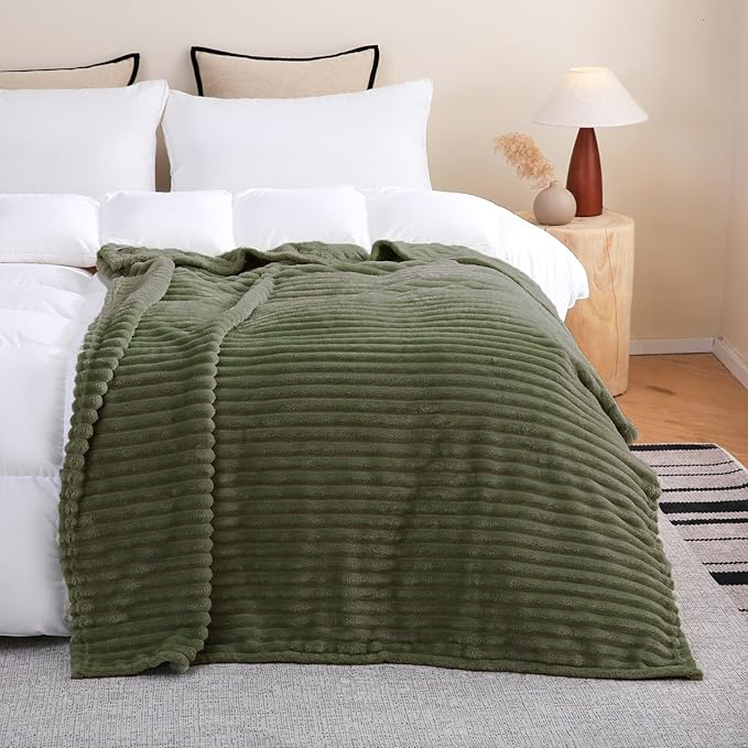 Olive Green Fleece Throw Blanket 90”×90” for Couch Sofa Bed,Super Soft Cozy Plush Microfiber Flannel Blanket with Stripes Design Lightweight for Adults,Woman,Girls