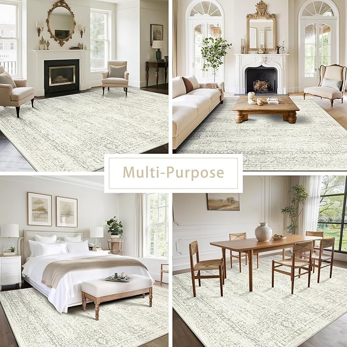 Washable Rugs 9x12 Area Rugs for Living Room,Bedroom,Dining Room- Large Ultra Soft Faux Wool Retro Carpets,Non Slip&Non-Shedding Low Pile Vintage Print Rug for Home Office Decor- Beige
