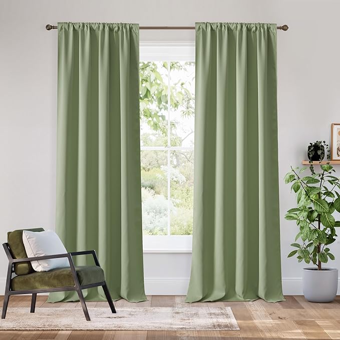 RYB HOME Bedroom Blackout Curtains 80 inches Long, 100% Blackout Thermal Insulated Noise Reducing Curtains for Living Room Nursury, 34 inches Wide by 80 inches Long, Sage Green