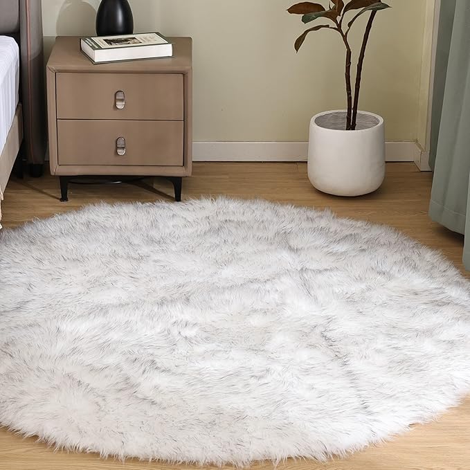 Goolela Round Sheepskin Rugs 4ft Circle Fluffy Faux Fur Rug Shaggy Rug for Bedroom Dorm Living Room Plush Shag - White with Grey Tips