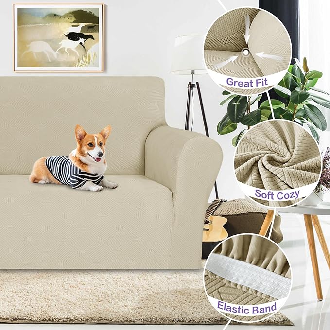 ZNSAYOTX Super Stretch Couch Cover (72"-92"), New Striped Sofa Covers Fitted Slipcovers with Elastic Bottom, Dog Cat Pets Proof Spandex Fabric Comfortable & Durable (Khaki, Sofa)