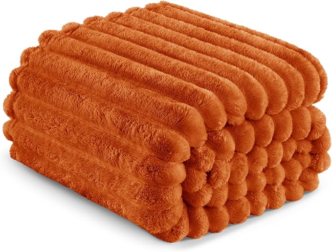 Exclusivo Mezcla Queen Size Flannel Fleece Blanket, Super Soft Striped Jacquard Bed Blanket, Lightweight Fuzzy Cozy for All Seasons, 90x90 Inches, Burnt Orange