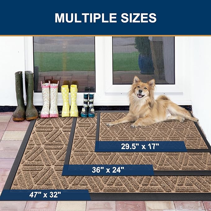 Smiry Front Door Mat Outside Entrance, Heavy Duty Sturdy Natural Rubber Doormat, Trap Dirt and Moisture, Easy Clean Low Profile Mats for Indoor Outdoor Entry, Grid Geometric (29.5x17, Coffee)