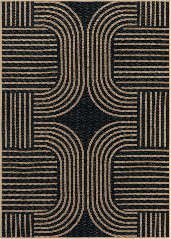 Lahome Enfys Modern Geometric Outdoor Easy Jute Rug, 5x7 Patio Living Room Rug Large Black Carpet for Bedroom, Farmhouse Washable Indoor Outdoor Carpet for Dining Room Backyard Deck
