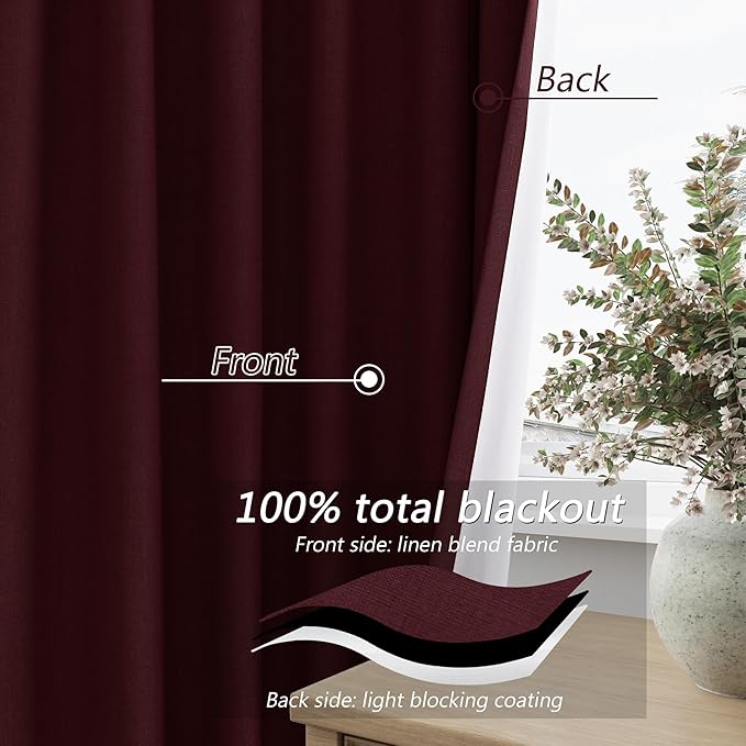 Burgundy 100% Blackout Linen Curtains 72 Inch Length 2 Panels Set for Living Room Bedroom Back Tab Thermal Insulated Black Out Drapes Room Darkening Farmhouse Style for Bedroom Window Curtains 52x72