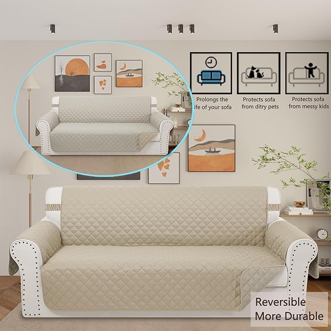 Reversible 4 Seater Sofa Cover 91 Inch Large Couch Cover Furniture Protector(Sofa XX-Large,Sand/Beige)