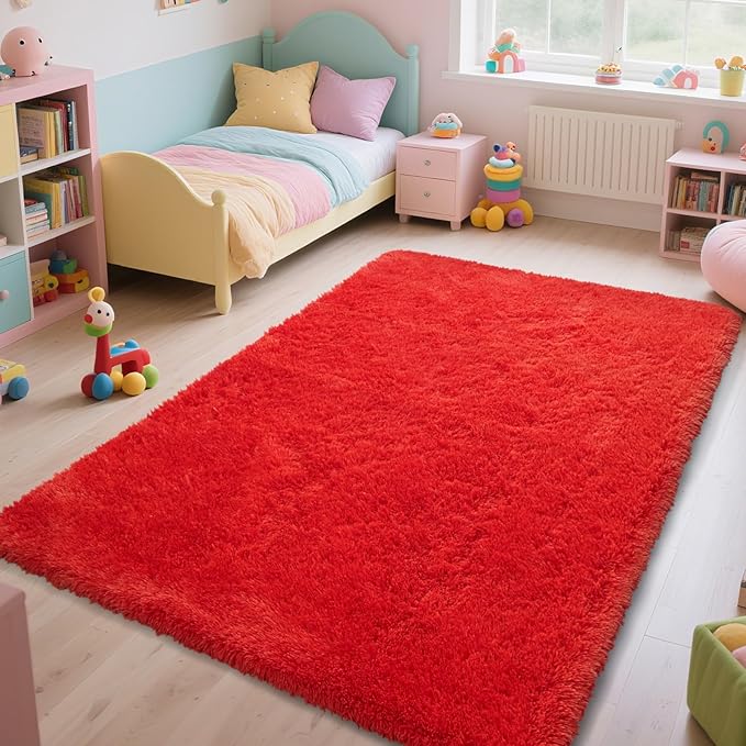 Red Shag Area Rugs for Bedroom Living Room,Ultra Soft Fluffy Christmas Area Rugs 8x10 for Dorm,Indoor Carpet Nursery Rugs for Kids Girls Room Home Decor (Red, 8x10 Feet)