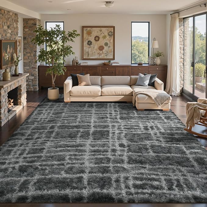 9x12 Ft Extra Large Shag Rugs for Living Room, Ultra Soft Fluffy Furry Area Rugs for Bedroom Indoor Floor, Aesthetic Carpet for Kids Home Decor (Grey)