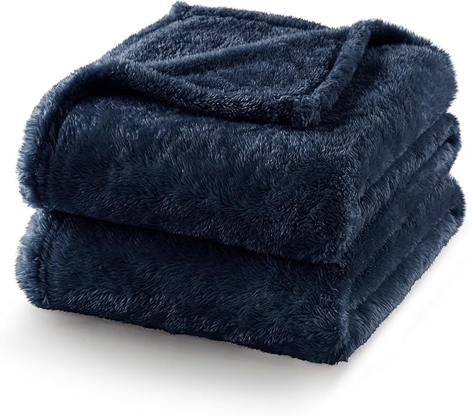 Exclusivo Mezcla Plush Fuzzy Fleece Bed Blanket Twin Size, Super Soft, Fluffy and Warm Blankets for Couch, Bed, All Season (Navy Blue, 90x66 inches)
