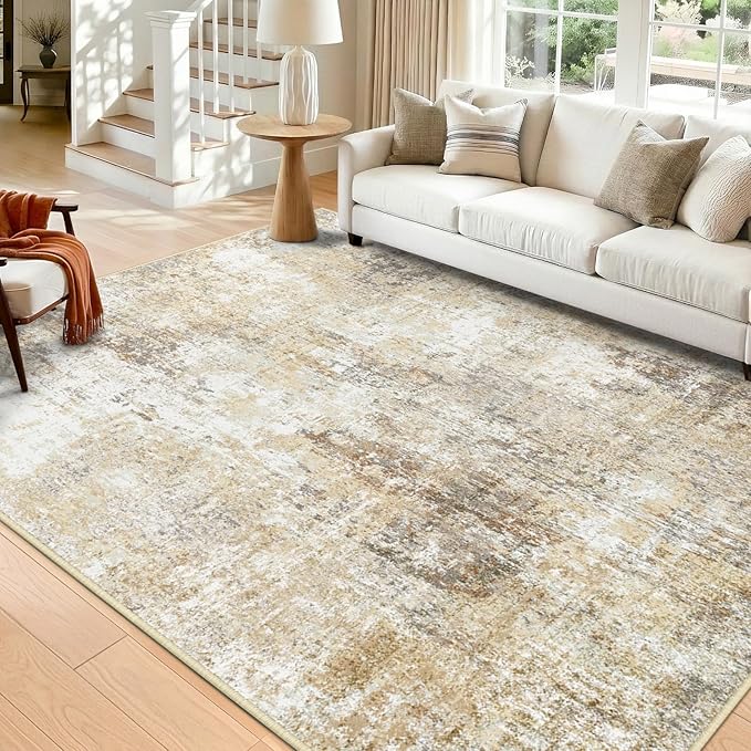 Washable Area Rugs 6'x9' Non-Slip Modern Abstract Soft for Living Room Entryway Bedroom Nursery, Print Pattern, Neutral Brown Gray