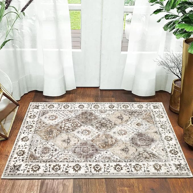 HEBE Washable Area Rug - 2'x3' Non Slip Soft Distressed Medallion Bedroom Boho Living Room Accent Throw Vintage Entry Floor Carpet for Dining Room Bathroom Entryway