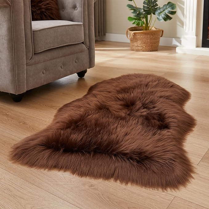 EasyJoy Ultra Soft Fluffy Shaggy Area Rug Faux Fur Rug Chair Cover Seat Pad Fuzzy Area Rug for Bedroom Floor Sofa Living Room (2 x 3 ft Sheepskin, Coffee)