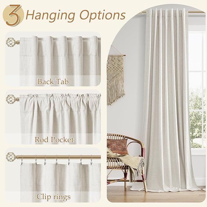 Guken 112 Inch Long Boho 100% Black Out Curtain 2 Panels Set, Linen Blackout Curtains Sound Proof Heat Blocking Thermal Insulated Window for Bedroom Back Tab Rod Pocket, 52x112